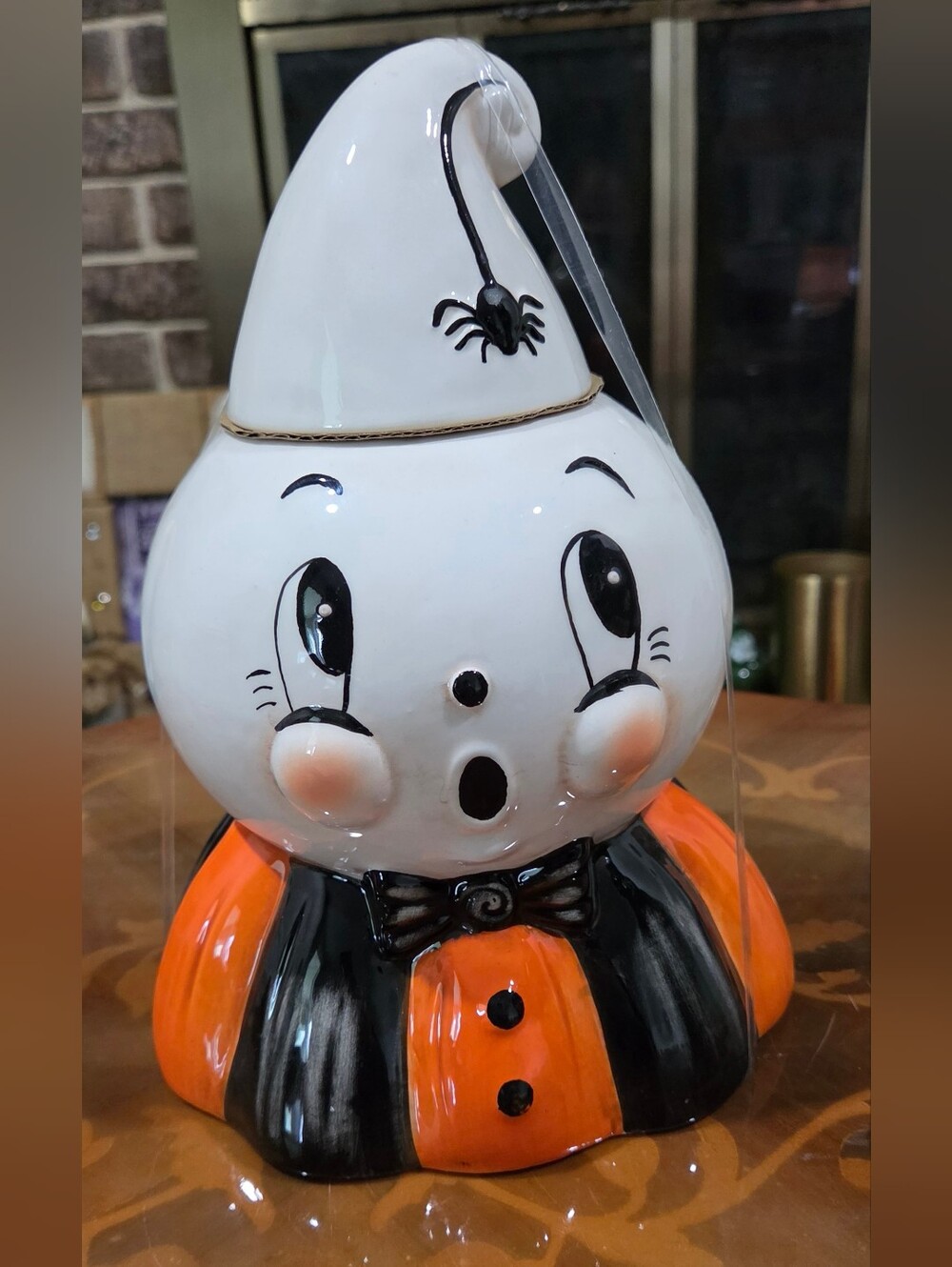 Halloween Ghost Ceramic Cookie Jar in White, Orange & Black